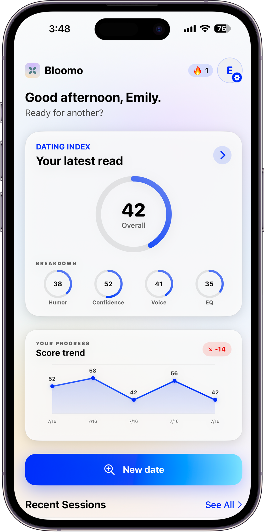 Bloomo home screen showing your latest dating read, score breakdown, and progress trend