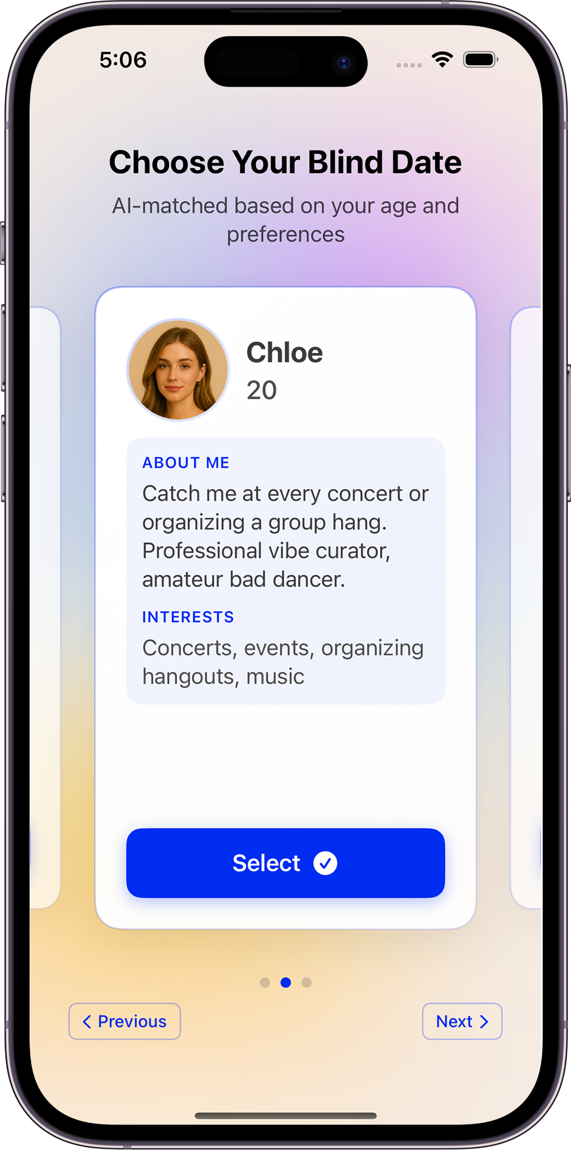 AI-powered blind date selection interface with personality matching