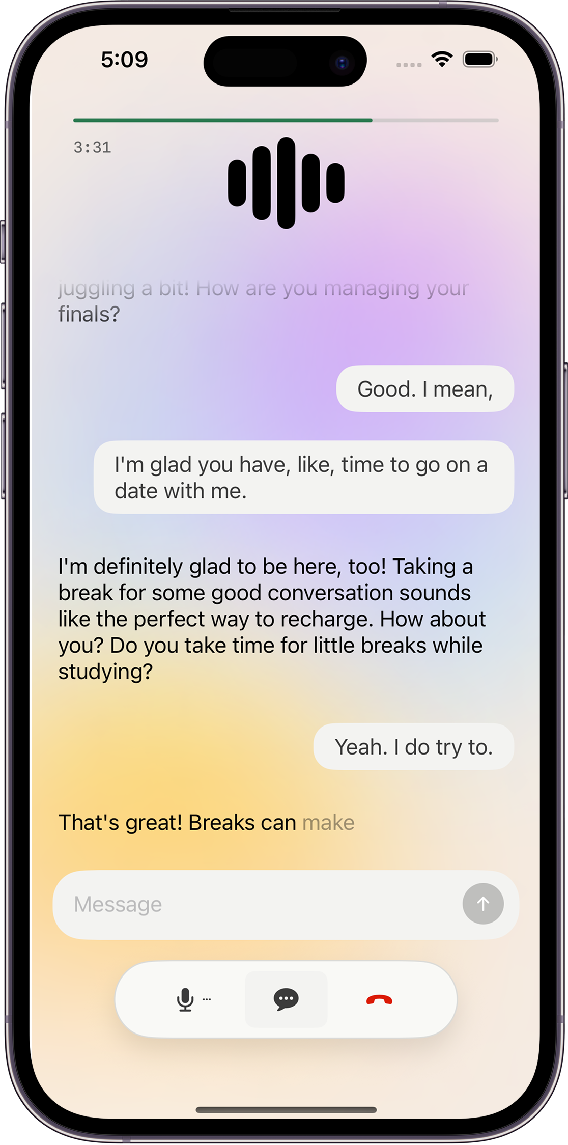 Real-time conversation interface showing AI-powered blind date roleplay